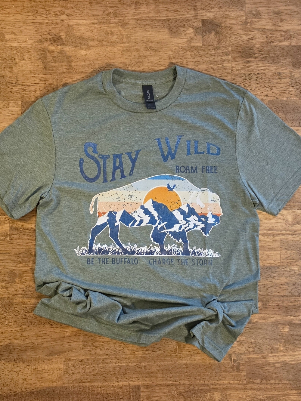 Gildan Stay Wild Roam Free Graphic Tee - Green with Blue & Orange Print